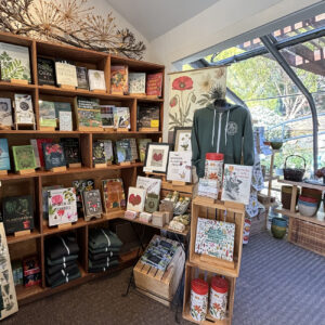 An image of the inside of a store with shelves of books, and merchandise