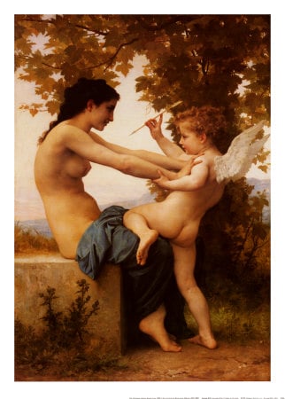 Woman defending herself from love painting..woman pushing back cupid, who is trying to stick her with love's arrow