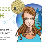 The Pisces Woman represented by an illustration of a woman next to the planet Neptune, with approximate sun sign dates: February 19th to March 20th