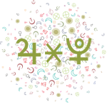 Jupiter symbol, sextile symbol, and Pluto symbol on a background of randomized astrology symbols