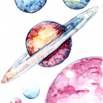 Illustration of colorful planets, one with rings