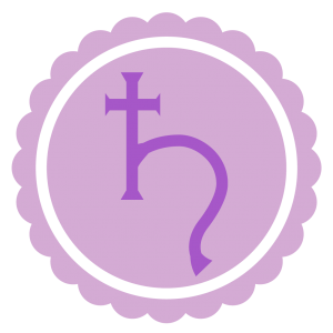 A purple Saturn symbol on a lighter purple badge