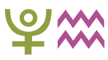 Green Pluto symbol next to a pink Aquarius symbol