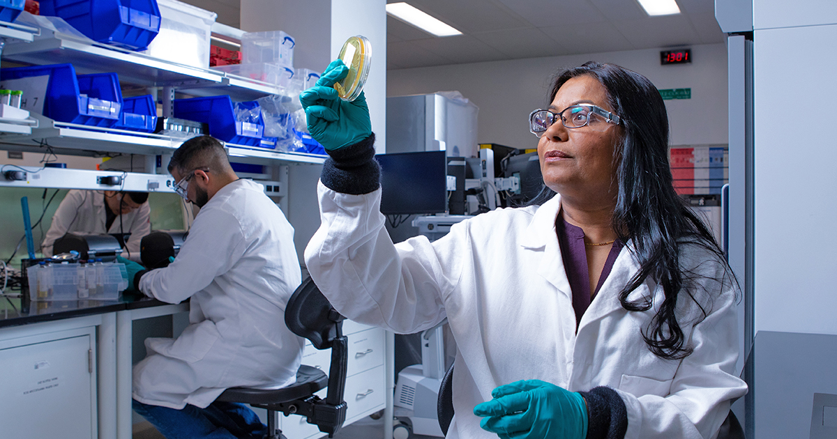 BMS female scientist in the lab holding a petri dish