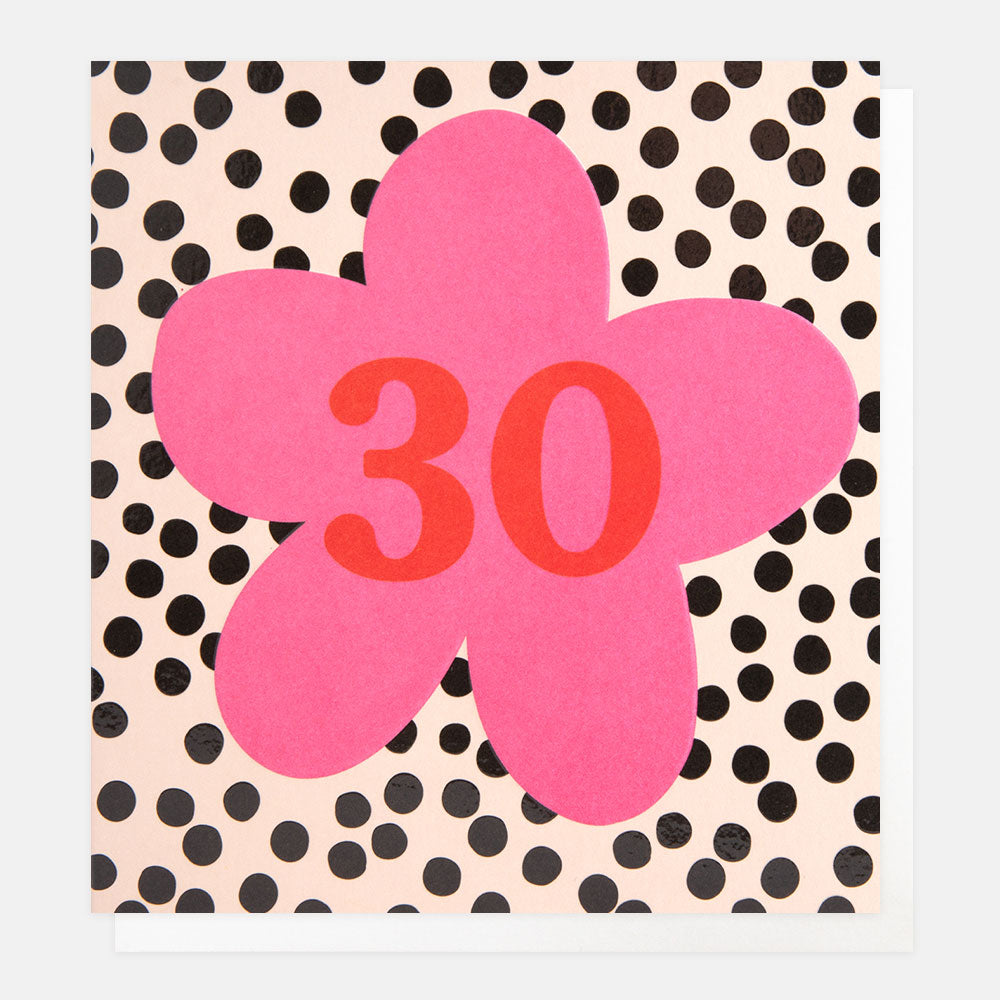 pink flower on a spotty background 30th birthday card