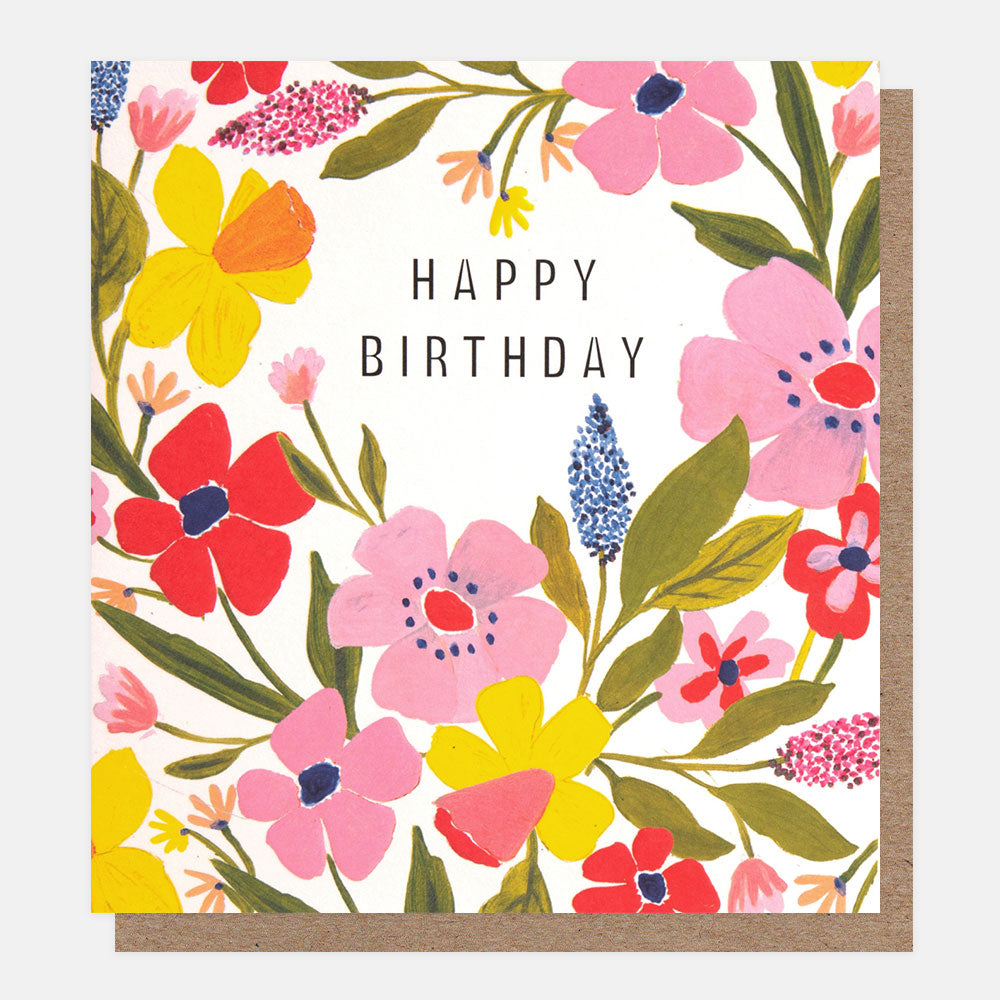 pink, red & yellow flowers happy birthday card