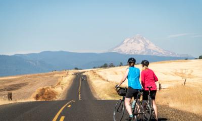 Riders taking in the view of Mt. Hood on Day 3 of Joyride