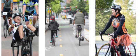 Photo 1) An Asian man riding a recumbant bicycle on STP. 2) A Black man and a black child looking at each other while they bike in a protected bike lane on Seattle's 2nd Ave. 3) An Asian girl wearing an orange tutu and a Major Taylor Project jersey.