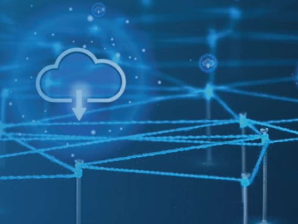 Abstract network graphic with cloud storage symbol and interconnected lines.