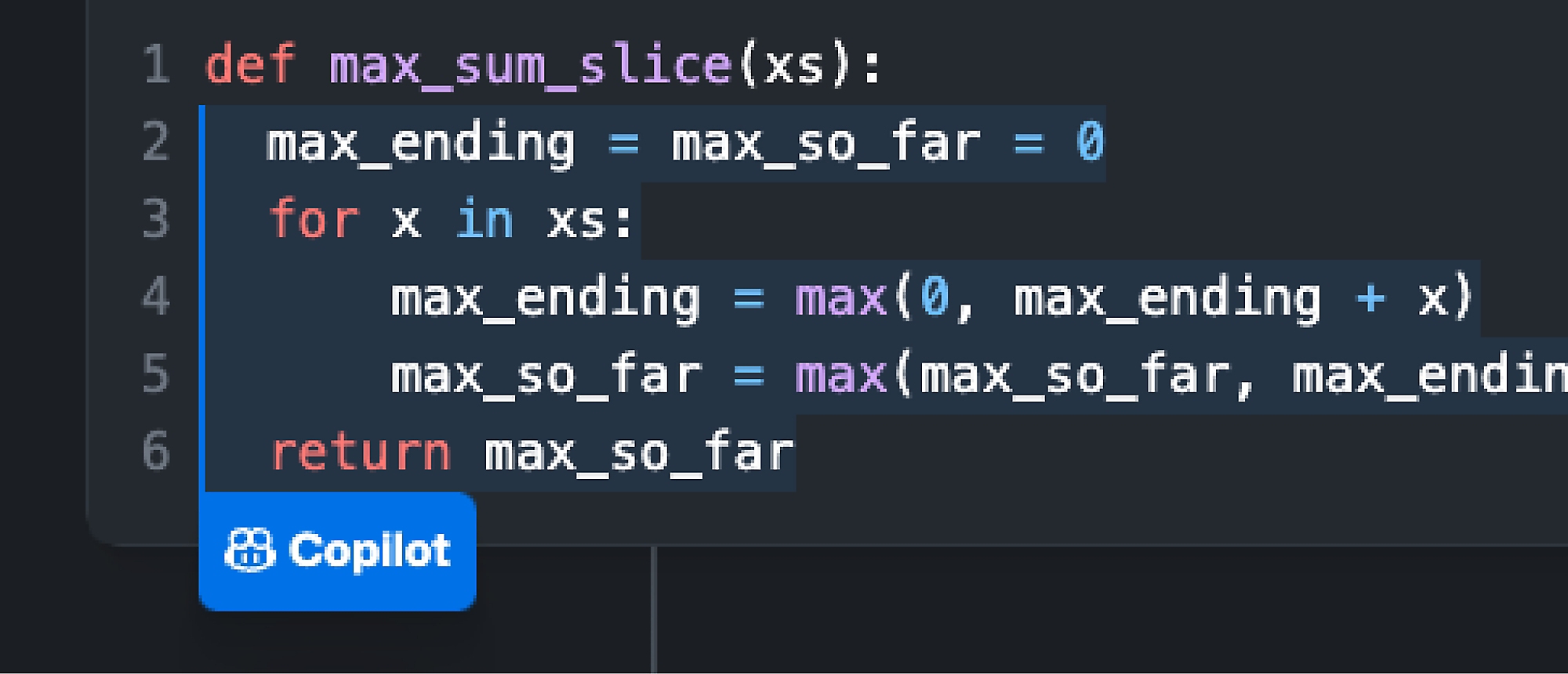 Screenshot di un blocco di codice con un pulsante Copilot sovrapposto
