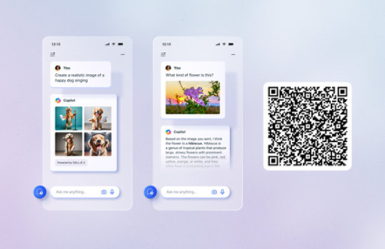 Microsoft Copilot-appen används för att generera bilder av en sjungande hund, hjälpa till att identifiera en blomma och hjälpa till att generera ett e-postmeddelande för att gratulera en kollega till en befordran.
