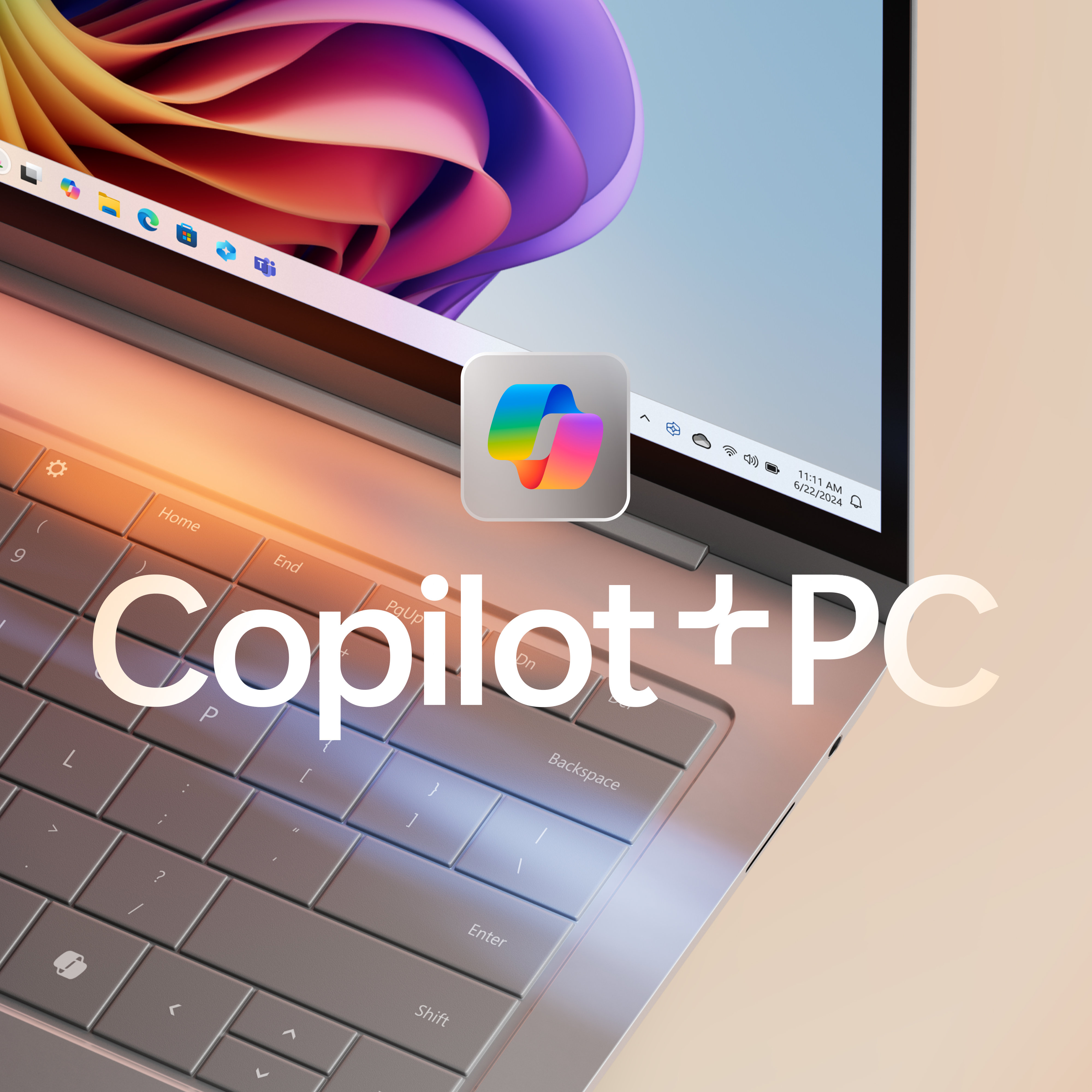 Un PC cu Windows 11, cu model Bloom colorat și pictograma Copilot pe ecran