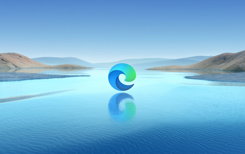 Lanskap dengan logo Microsoft Edge melayang di atas air.