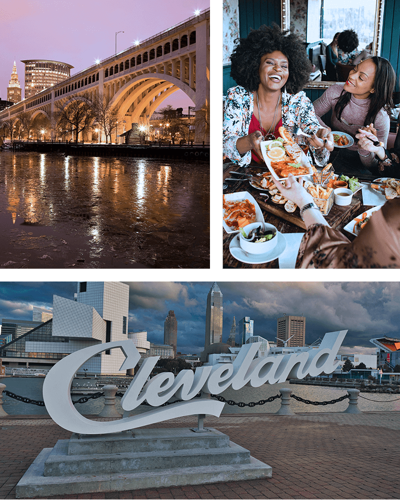 3 photo collage of images of Cleveland