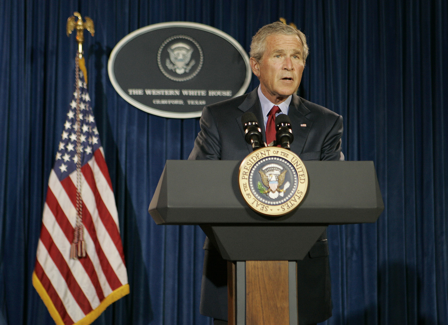 President Bush makes a statement from his ranch in Crawford, Texas, Sunday, Aug. 28, 2005, about the Iraq constitution process and Hurricane Katrina.