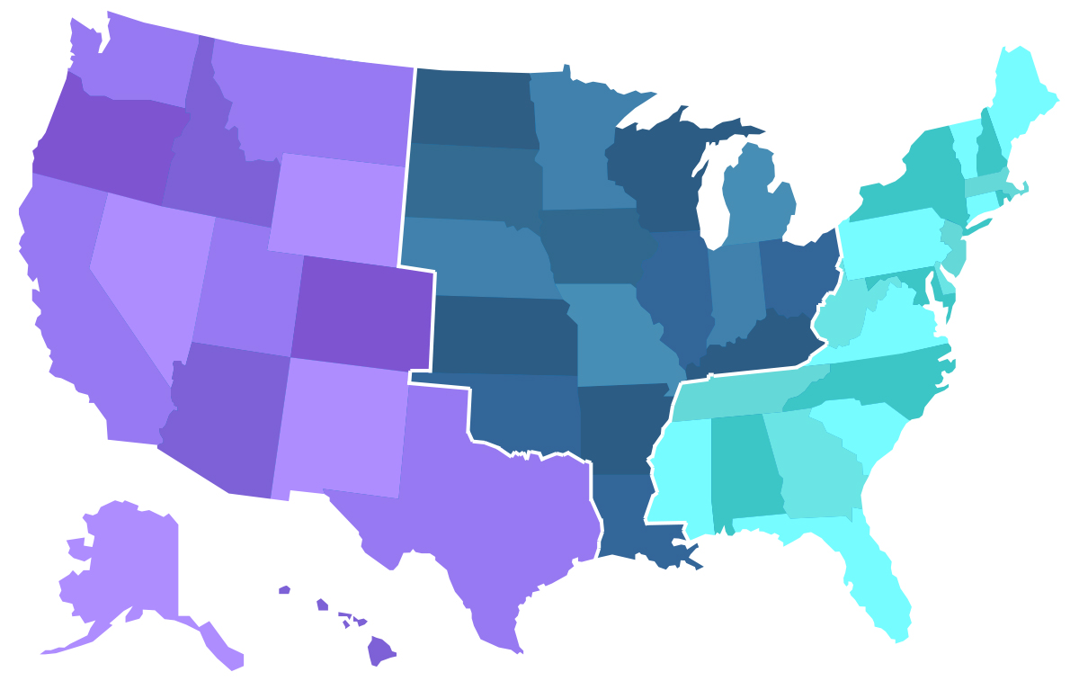 a map of the United States, color-coded by Equity region