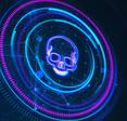 Abstract image of neon skull within concentric blue and purple circles