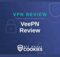 A blue background with images of locks and shields with the text &quot;VeePN Review&quot; and the All About Cookies logo. 