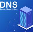 Illustration of a DNS server on blue background with white text that reads DNS: Domain Name System