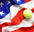 U.S. Open concept. American tennis background with USA Flag and tennis ball.