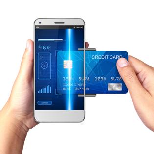 Blue credit card merging with cellphone like virtual credit card