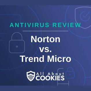 A blue background with images of locks and shields with the text &quot;Antivirus Review Norton vs. Trend Micro&quot; and the All About Cookies logo. 