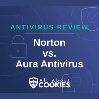 A blue background with images of locks and shields with the text &quot;Antivirus Review Norton vs. Aura Antivirus&quot; and the All About Cookies logo. 