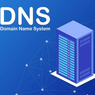 Illustration of a DNS server on blue background with white text that reads DNS: Domain Name System