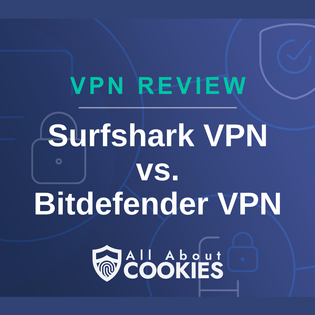 A blue background with images of locks and shields with the text “Surshark VPN vs. Bitdefender VPN” and the All About Cookies logo.