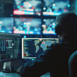 A cybersecurity team member sits in front of a monitor.