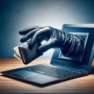 Gloved hand coming out of the computer to steal your wallet