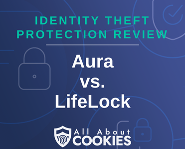 Blue background with text reading &quot;Identity Theft Protection Review Aura vs. LifeLock&quot; and the All About Cookies logo