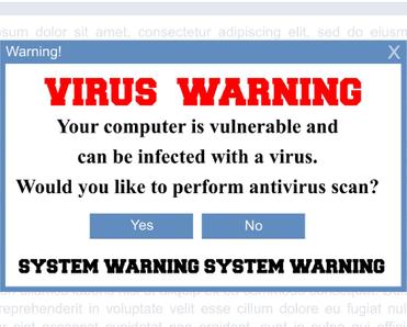 A malware pop-up ad of a fake virus warning urging users to conduct a scan