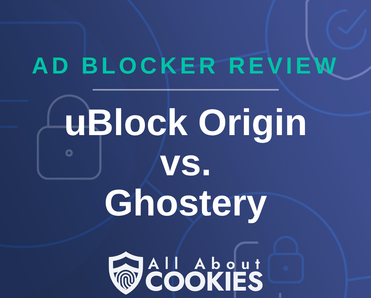 A blue background with images of locks and shields with the text “uBlock Origin vs. Ghostery” and the All About Cookies logo.