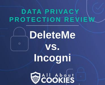 A blue background with images of locks and shields and the text &quot;DeleteMe vs. Incogni&quot;