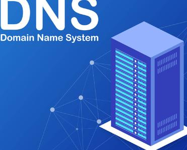 Illustration of a DNS server on blue background with white text that reads DNS: Domain Name System