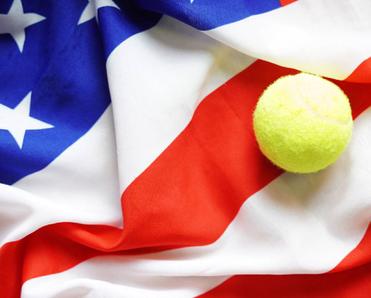 U.S. Open concept. American tennis background with USA Flag and tennis ball.