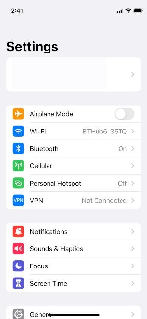 iPhone settings screen