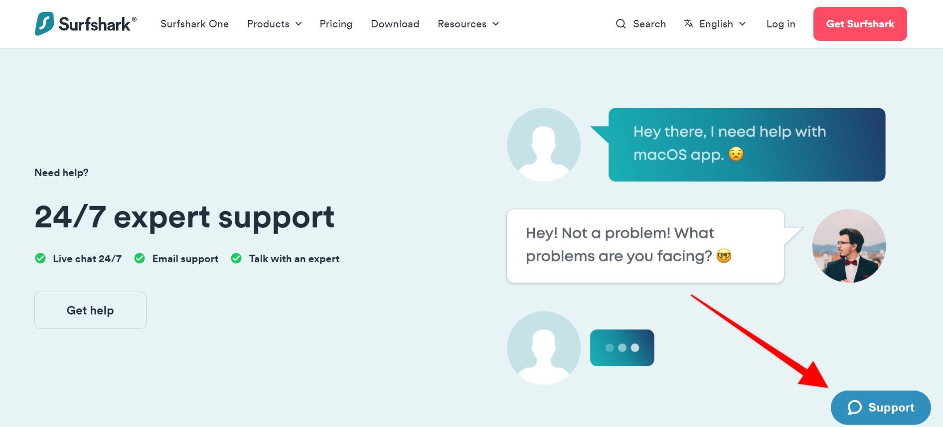 The Surfshark VPN support page with a red arrow pointing to the Support chat option in the lower right-hand corner of the window.