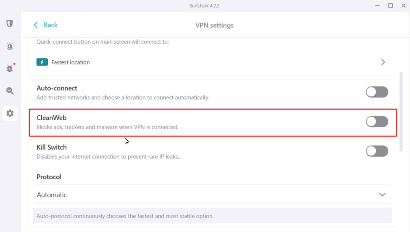 A screenshot of the Surfshark VPN settings menu with the CleanWeb ad blocker option highlighted