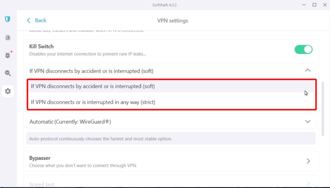 A screenshot of the Surfshark VPN kill switch settings showing soft and strict options.