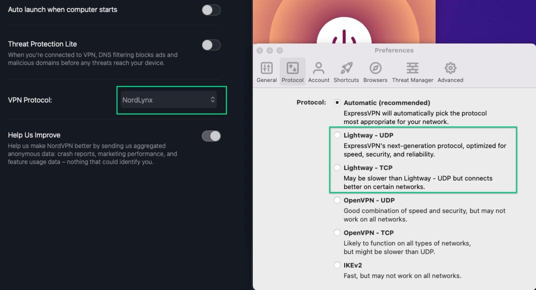 ExpressVPN uses its proprietary Lightway protocol, while NordVPN uses its NordLynx protocol.