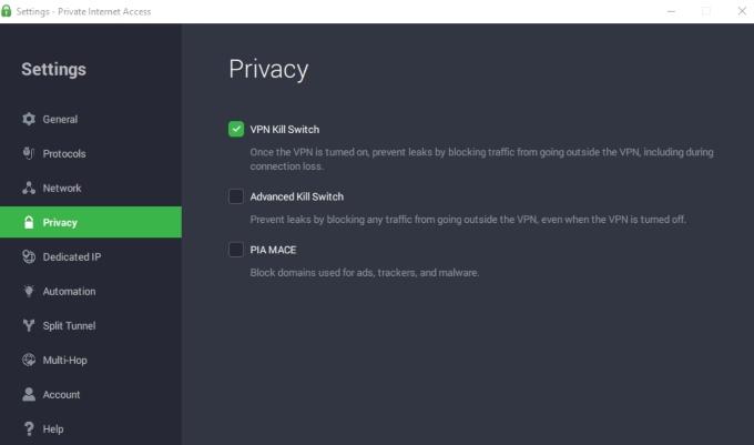 Private Internet Access comes with a kill switch feature that you can access in the Privacy section of its app.
