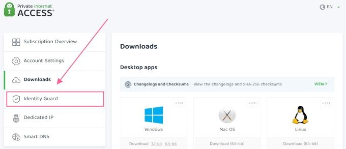 We found PIA's Identity Guard feature as an optional download in the web dashboard.