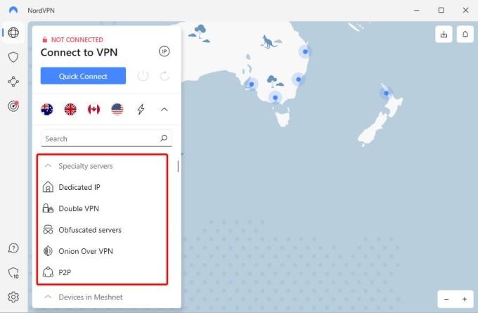 The NordVPN interface along with its list of specialty servers.