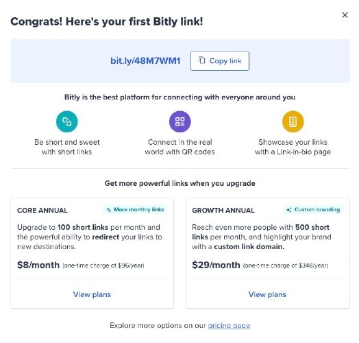 A screenshot of successfully using the URL shortener tool bitly