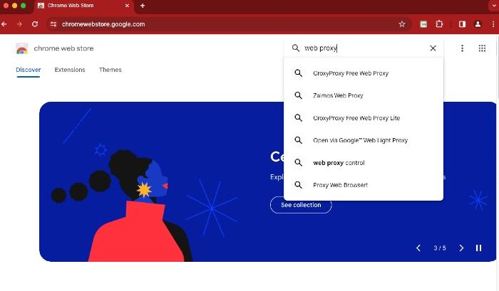 A screenshot of locating web proxy browser extensions in the Chrome Web Store