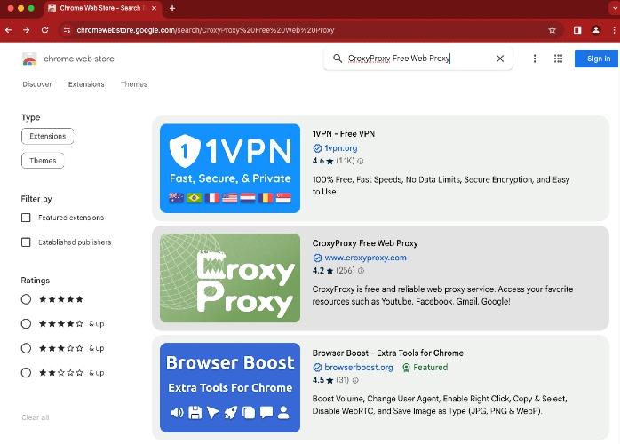 A screenshot of various free web proxies available for download in the Chrome Web Store