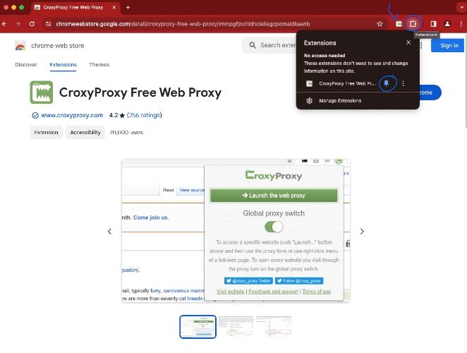 A screeshot of how to access the recently downloaded free web proxy browser extension CroxyProxy