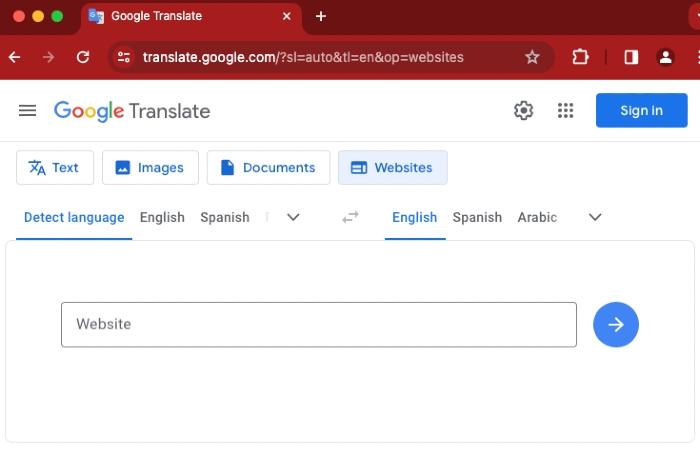 A screenshot of Google Translate